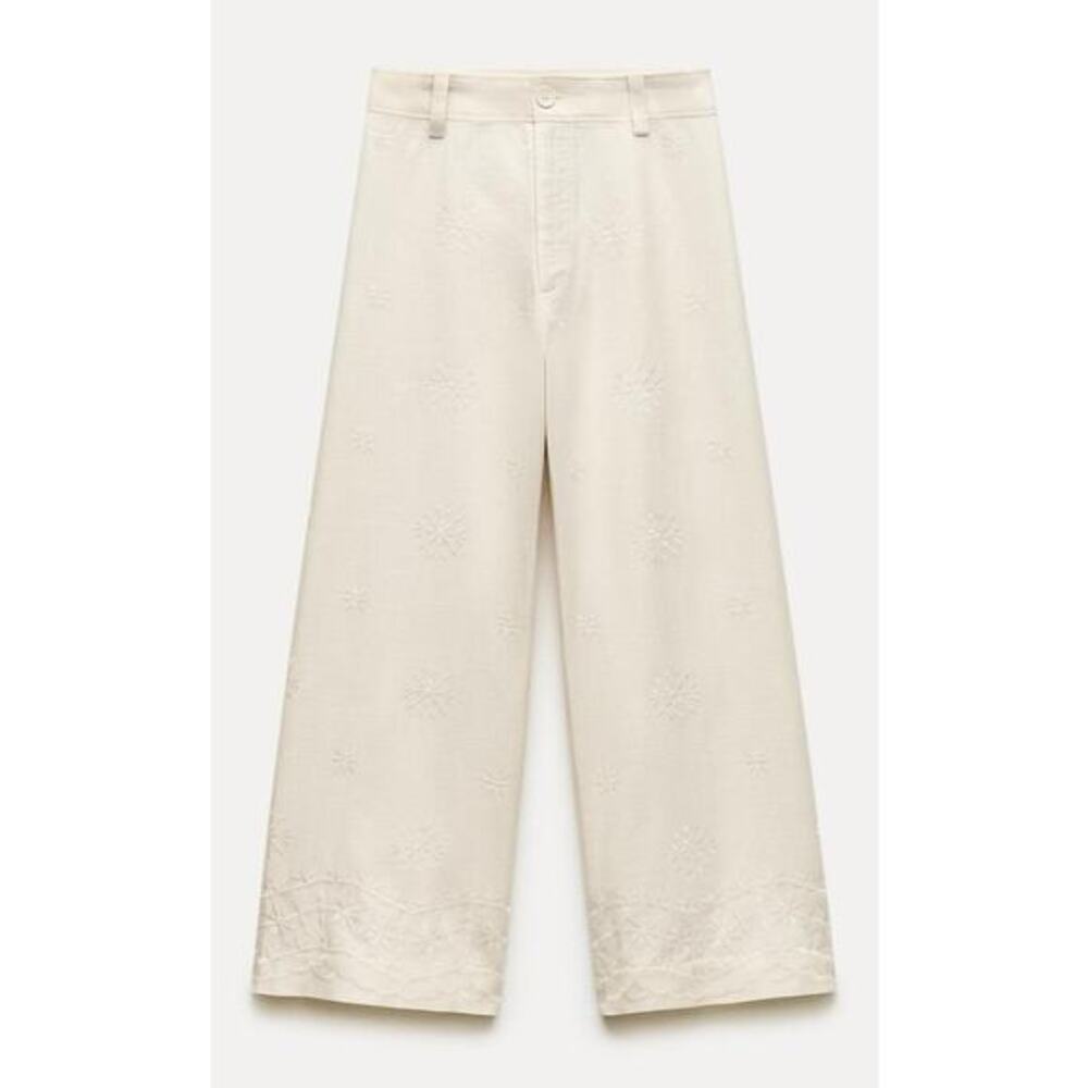 Zara Ladies Of white Embroidered Linen Pants size Small